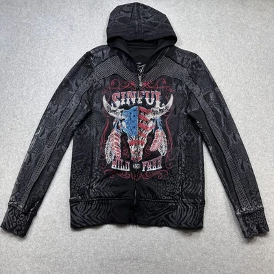 Sinful Affliction Hoodie Womens Large Black Wild Free Rhinestone Bull Grunge Zip - Image 1 of 4