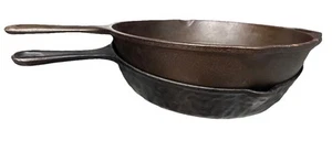 Lot Unmarked Wagner No 8 Hammered Skillet & Lodge Cast Iron Skillet Both 10” - Picture 1 of 9