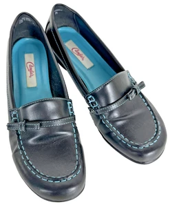 Candies Schuhe Halbschuhe Damen 7,5 schwarz Leder türkisfarbene Nähte künstliches Material - Bild 1 von 7
