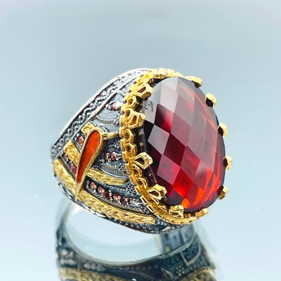 Men Simulated Red Ruby 925 Sterling Silver Ring Handmade Gift For Him Ottoman - Image 1 of 4