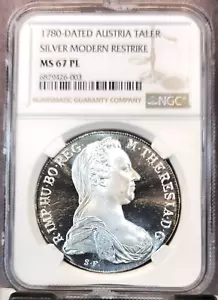 1780 AUSTRIA SILVER 1 TALER MARIA THERESA RESTRIKE NGC MS 67 PL RARE PROOF LIKE - Picture 1 of 3