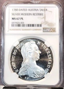 1780 AUSTRIA SILVER 1 TALER MARIA THERESA RESTRIKE NGC MS 67 PL RARE PROOF LIKE - Picture 1 of 3