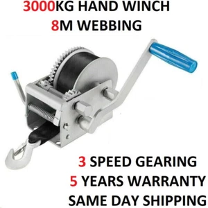 3000KG 6614LBS Hand Winch 3 Speed 4WD Car Trailer Boat Webbing Strap 8M X 50MM - Picture 1 of 12