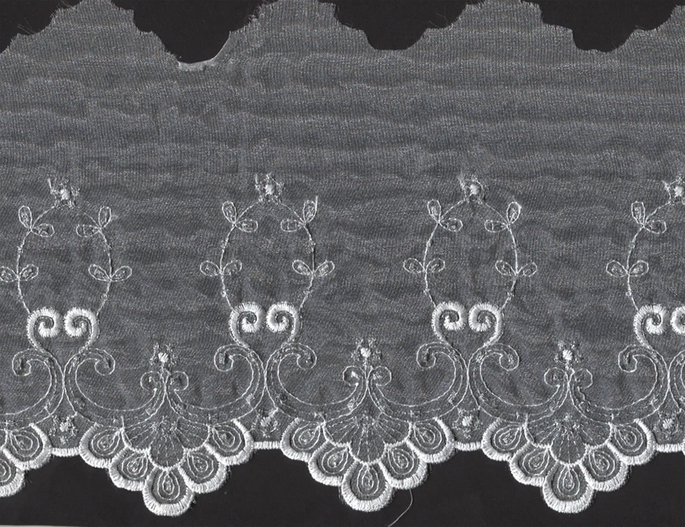 5&3/4" SCALLOPED WHITE SILVER EMBROIDERED ORGANZA FABRIC TRIM 5 YARDS  - Image 1 of 1