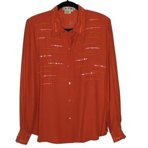 BLUE ICE Vintage Langarm Perlen Orange Karriere Bluse Seidenbluse Gr. 12 - Bild 1 von 6