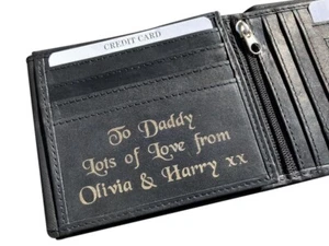 Men's Personalised Engraved Real Leather Black Wallet Christmas Birthday Gift - Picture 1 of 7