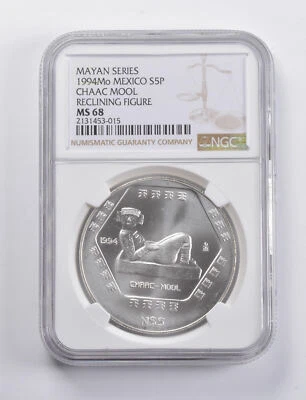 MS68 1994 Mo Mexico 5 Pesos Silver Chaac Mool Reclining Figure Mayan NGC *4845 - Image 1 of 3