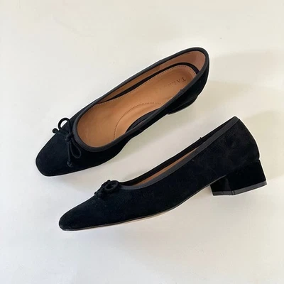 Talbots Womens Black Velvet Ballet Heels Size 7.5 Block Heel Pumps Bow Suede - Image 1 of 4