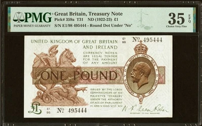 Gran Bretaña Una Libra (1922-23) KG-V Serie 495444 P-359a Muy Fino PMG 35 EPQ Foto 1 de 2