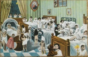 Multiple Baby 1910 Fantasy Postcard, Babies in Bed Bedroom at Night - Picture 1 of 1