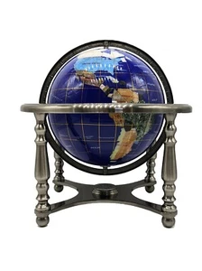 Einzigartige Kunst 14" hoch Blau Ozean 4-Bein Silber Tischständer Edelstein Weltkugel - Bild 1 von 8