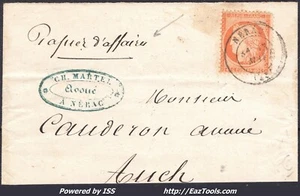 FRANCE N° 38 SUR PAPIER D'AFFAIRES AVEC CACHET A DATE DE NERAC DU 13/05/1873 - Foto 1 di 2