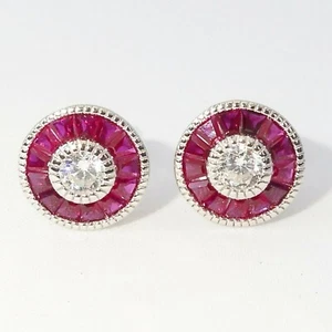 3CT Art Deco Simulated Pink Ruby Solitaire Stud Earrings 14K White Gold Plated - Picture 1 of 11