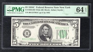FR. 1959-BW 1934-C $5 WIDE FEDERAL RESERVE NOTE NEW YORK, NY PMG UNC-64EPQ (D) - Picture 1 of 2