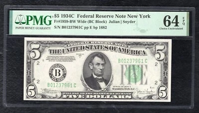 FR. 1959-BW 1934-C $5 WIDE FEDERAL RESERVE NOTE NEW YORK, NY PMG UNC-64EPQ (D) - Image 1 of 2