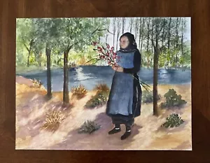 Vintage Original Volkskunst Malerei unsigniert Frauen pflücken Blumen in der Natur - Bild 1 von 2
