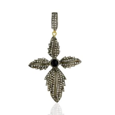 1.2ct Diamante Onice Piuma Design Aspetto Antico Croce Ciondolo 925 Argento - Immagine 1 di 4