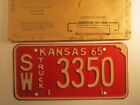 *Unused* License Plate Truck Tag 1965 Kansas Sw 3350 Seward County [Z270a]
