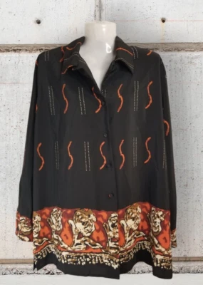 Blusa para mujer Milano negra diseño geométrico cuello botón negro BOHO talla 1X Foto 1 de 4