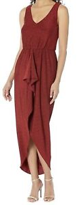 NWT Women’s Calvin Klein V-Neck Glitter Knit Gown with Ruched Front Red Size 12