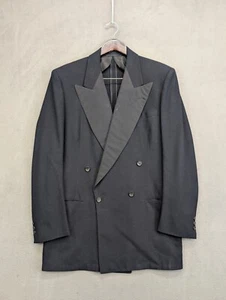 Vintage 1950's Double Breasted Tuxedo Jacket 42L Black Peak Lapel Grosgrain Wool - Picture 1 of 10