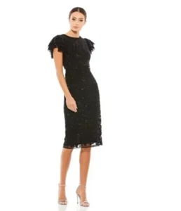 NUEVO CON ETIQUETAS Nuevo VESTIDO MIDI MAC DUGGAL MANGA VOLANTE 10827 NEGRO TALLA 12 - Imagen 1 de 7