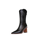 Women's Fashion Leather Cutout Pointy Toe Block Heel Mid Calf Boots Shoes B555