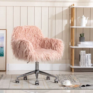 Modern Faux fur home office chair, fluffy chair , makeup vanity Chair Pink - Picture 1 of 13