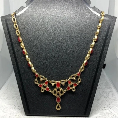 New old stock lia sophia bejeweled statement necklace gold/red costume dressy - Image 1 of 4