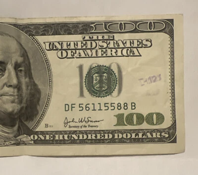 $100 Dollar FRN 2013 Series Fancy 3 Pairs S# DF 56115588 B - Image 1 of 3