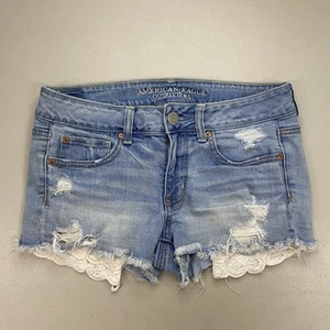 American Eagle Denim Shortie Short Women 8 Blue Light Wash Distressed Lace Trim - Picture 1 of 16