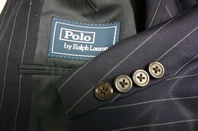 Polo por Ralph Lauren Azul Marino Rayas Tiza 100% Lana 2 Piezas Traje Chaqueta Pantalones 46L Foto 1 de 4