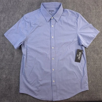 Nueva Camisa Rhone Commuter Mediana Azul Sólida Manga Corta Abotonada Elastizada Foto 1 de 4
