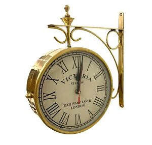 8" Double Sided Brass Wall Antique Victoria Station Railway Clock Decor