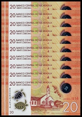 Nicaragua 20 Cordobas 2014 - 2015, Unc, 20 PCS Consecutive LOT, P-210, Polymer - Image 1 of 3