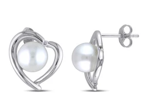 8-8.5mm White Freshwater Cultured Pearl Heart Earrings Sterling Silver - Picture 1 of 4