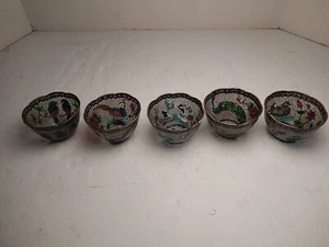 Antique Handmade Chinese Enamel Figural Plique a Jour Bronze Tea Cup Set of 5 - Imagen 1 de 13