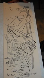 VINTAGE WATERFRONT MYSTIC  INK PAPER DRAWING 25 1/2'' X 9 1/2''  - Picture 1 of 4