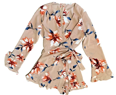 NUEVO SIN ETIQUETAS EXUBERANTES Mameluco Floral Melocotón Capas Acampanado Manga Larga Pantalones Cortos Talla L Foto 1 de 4