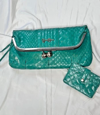 Jessica Simpson Teal/Blue Purse Clutch With Card Holder Clasp, Zip Pouch, Heart - Image 1 of 4