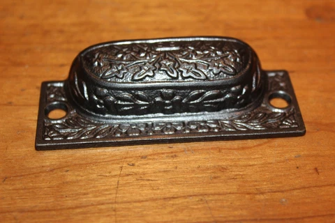 Antique Victorian Cast Iron Detailed Bin Apothecary Cupboard Drawer Pull L-114 Cover