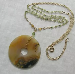 lange Peridot Citrin Kette m. Moos-Achat Anhänger 585 14K Gold GF 70 cm Collier - Bild 1 von 12