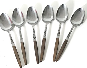 Vintage Set of 6 Interpur Stainless Steel Dinner Spoon Wooden Handle Solid Sleek - Picture 1 of 6