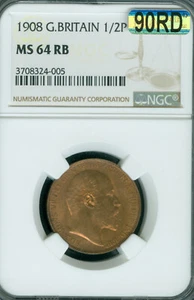 1908 GREAT BRITAIN HALF PENNY NGC MS64 RB MAC 90Rd 2ND FINEST GRADE & SPOTLESS . - Picture 1 of 2