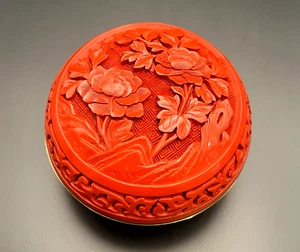 VTG Chinese Carved Cinnabar Decorative Floral Lacquer Trinket Box Blue Enamel - Picture 1 of 9