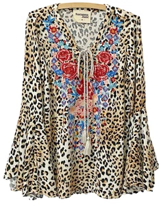 Savanna Jane Top Womens M Tunic Embroidered Floral Leopard Boho Hippie Peasant - Picture 1 of 15