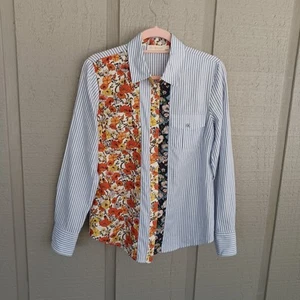 Tory Burch Patchwork Printed Shirt Size 8 Women Preppy Floral Striped Cotton - Picture 1 of 11