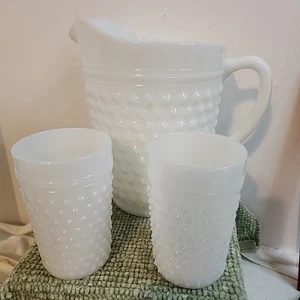 Vtg Hobnail Milk Glass Pitcher & 2 Tumblers Seam Molded Unmarked Cottage Core - Picture 1 of 11