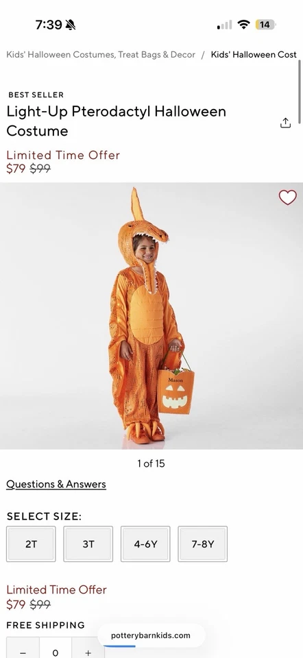 Pottery Barn Kids Plush Deluxe Light Up Pterodactyl Halloween Costume 3T Warm - Image 1 of 2