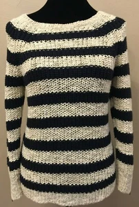 Ann Taylor Womens Stucco Knit Sweater Small Black Winter White Stripe Cotton - Picture 1 of 11